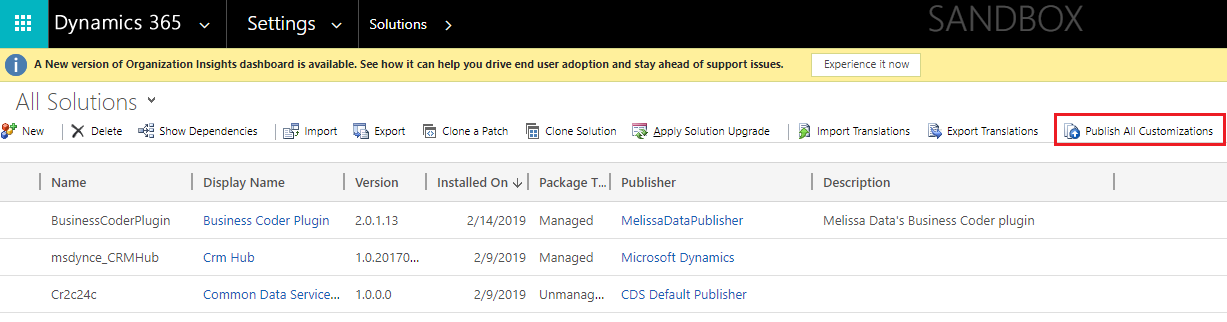Click Publish All Customizations