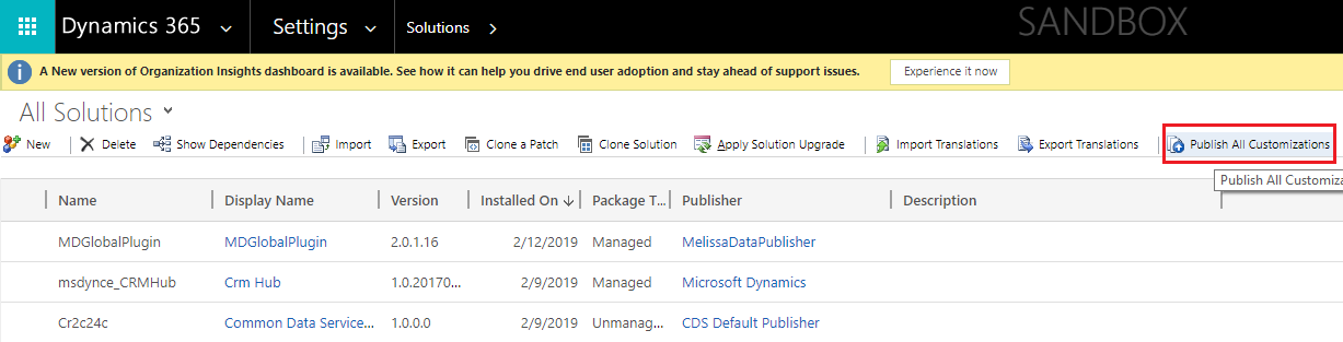Click Publish All Customizations