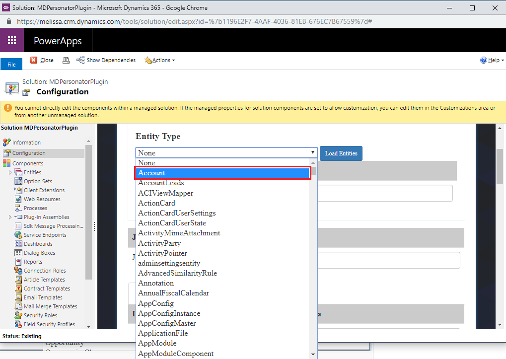 Select desired entity