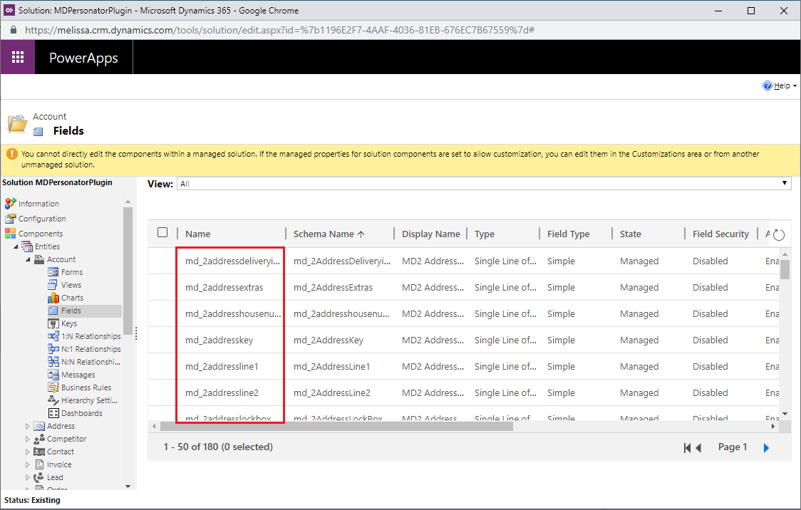 View entity field names
