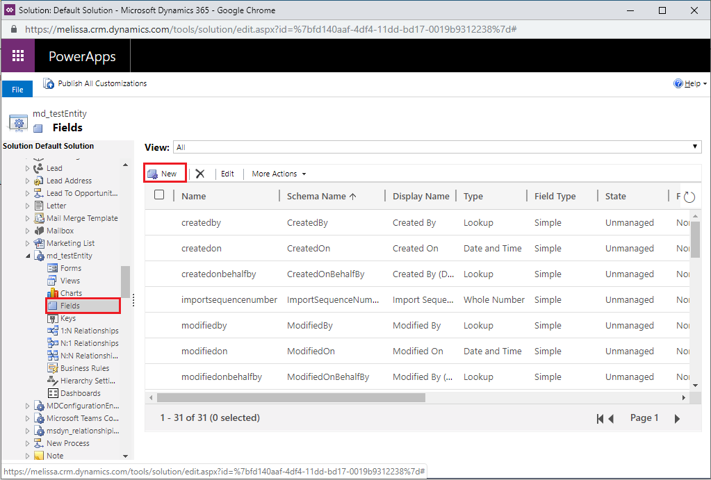 Click New in Fields tab